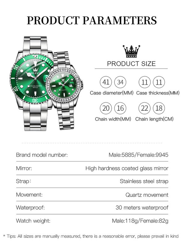 OLEVS คู่นาฬิกาควอตซ์หรูหราแถบดำน้ำนาฬิกาเพชรสีเขียวคู่ชุดนาฬิกาควอตซ์