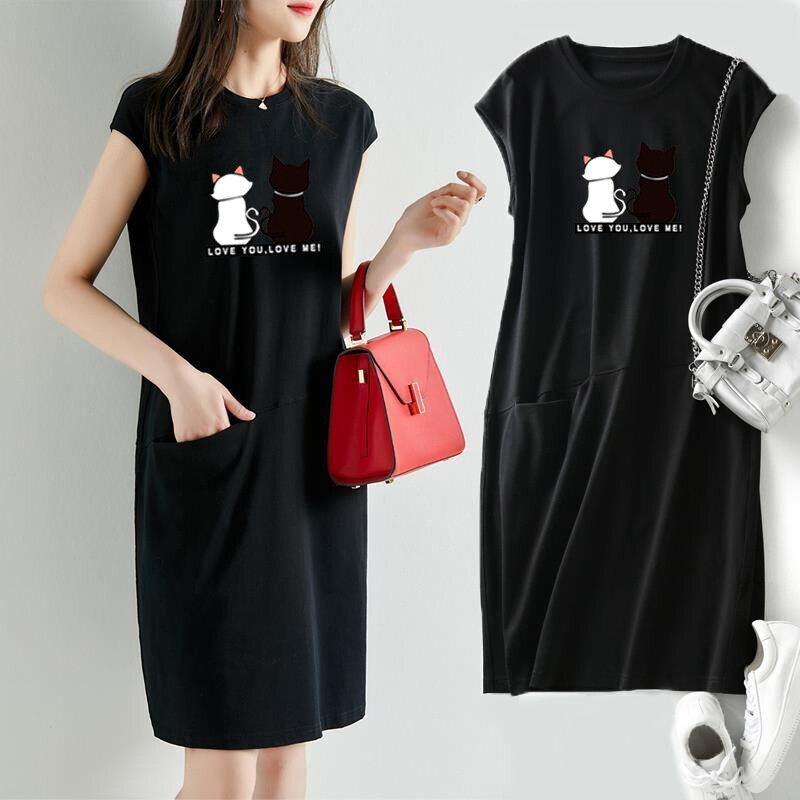 Vestido con estampado de gato Kawaii para mujer, ropa de estética coreana, ropa de calle informal, vestidos Midi holgados negros para mujer 2023