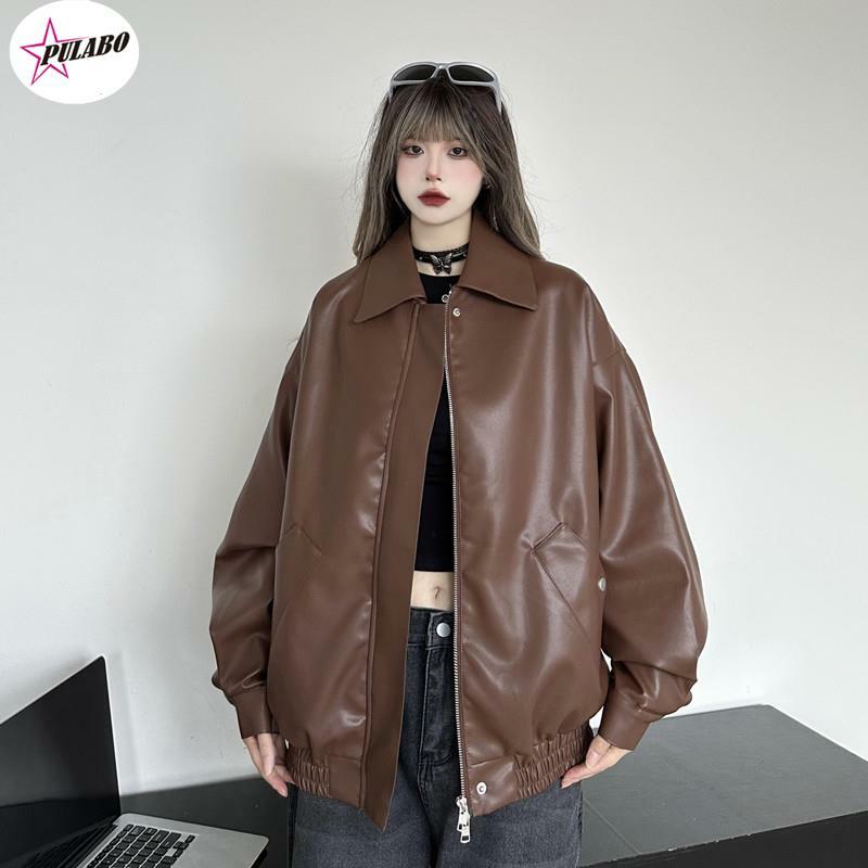 Pulabo-女性のためのレトロな茶色の革のジャケット,冬のコート,秋の服,新しい,2024