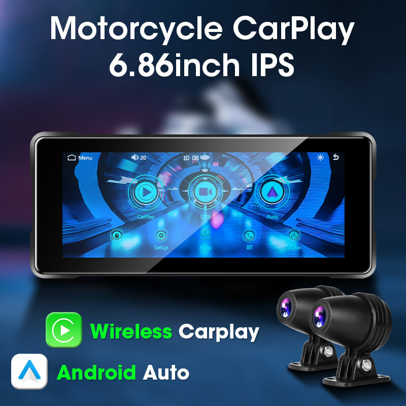 Jmcq รถจักรยานยนต์ DVR dashcam หน้าจอแสดงผลแบบ CarPlay 6.86 "IPX7สัมผัสได้กันน้ำมอนิเตอร์ IPS CarPlay Android อัตโนมัติ