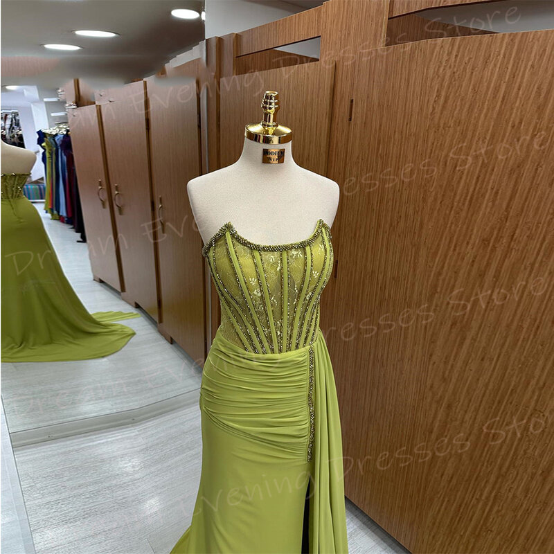Classic Green Mermaid Elegant Women's Evening Dresses Charming Strapless Sleeveless Prom Gowns Beaded Pleated فساتين سعيد شارون