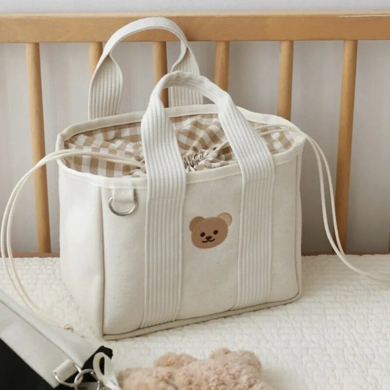 2024 New Trend Multi functional Drawstring Handbag Embroidered Bear Lightweight Canvas Bag Small Cute Bags for Women