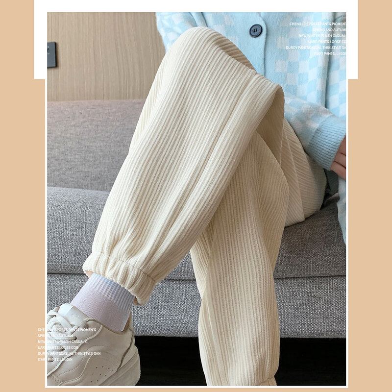 Moda Chenille calças elásticas de veludo, casual calças esportivas soltas, bolsos monocromáticos, pelúcia e espessamento que combina com tudo