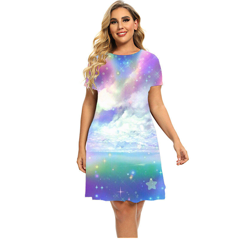 Arco-íris tie dye gradiente impressão vestido feminino elegante doce doce cor manga curta o-pescoço a-line vestido verão roupas tamanhos grandes