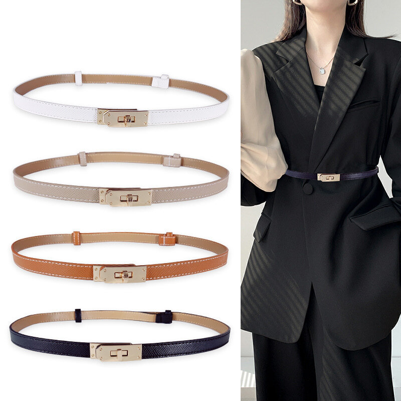 Cinturón fino ajustable de cuero PU para mujer, faja de diseñador femenina, corsé coreano, cinturones de hebilla de Metal, negro de lujo, blanco, moda