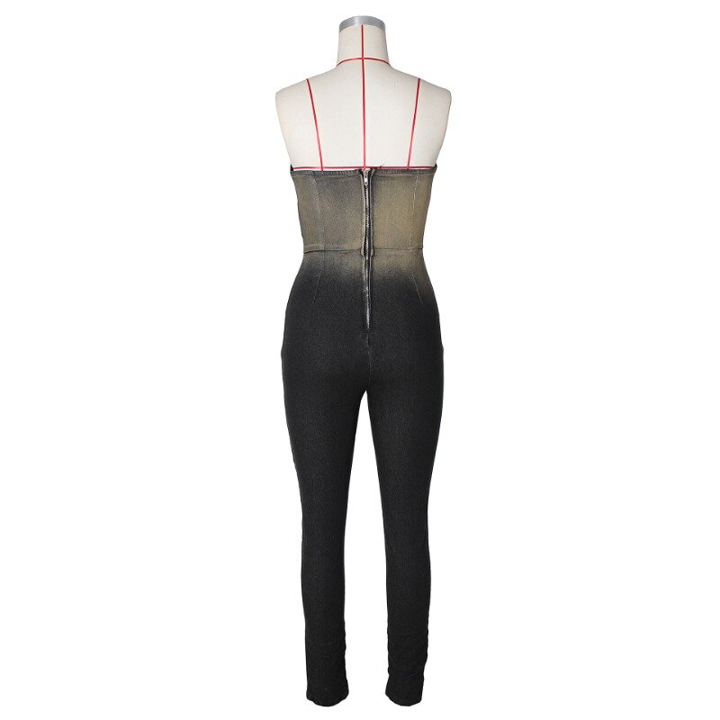Gradient Denim Strapless Jumpsuit for Women 2024 Summer New Sleeveless Back Zipper Stretch Slim Fit Overalls Streetwear