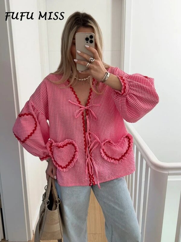 Women's Plaid Love Print Shirt Hollow Out Lace Up Blouses 2024 Spring Summer Female Sweet Pocket Vacation Street Lady Outwear