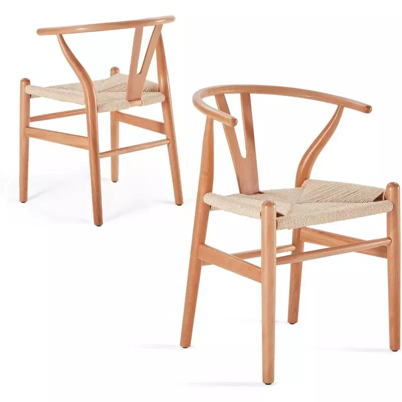 Chaises de salle à manger Wishbone en bois, bois moderne du milieu du siècle pour votre maison de plage, entièrement assemblées, nature, lot de 2