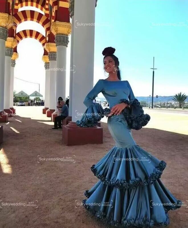 Vestidos de baile de Flamenco de sirena azul con Hada, manga larga, volantes manchas, parte inferior, Trompeta de baile, vestidos de noche
