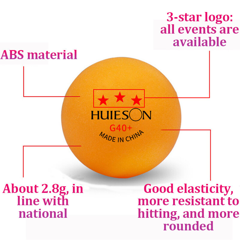 Huieson G40 + 3 스타 탁구공, 40 + ABS 신소재, 고탄성 및 내구성 훈련 탁구공, 팩당 50 개, 100 개
