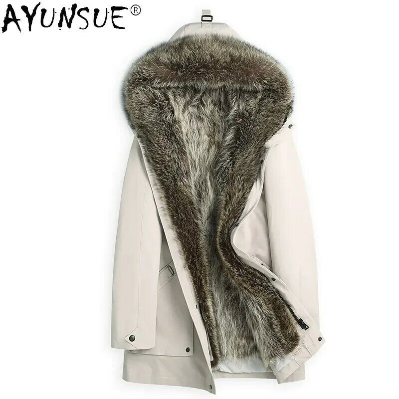 AYUNSUE – veste à capuche épaisse et chaude en vraie fourrure de raton laveur pour homme, Parka verte, doublure en fourrure de vison, 2021, Gm452