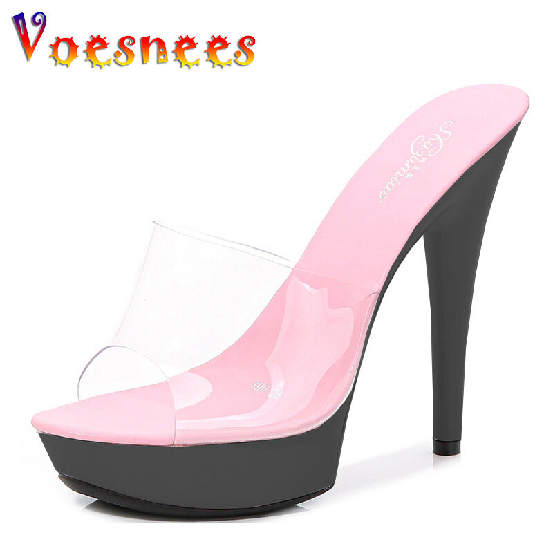 Candy Colors High Heels Shoes Women Platform Sandals Summer PVC Slides Waterproof 13cm Thick Bottomed Nightclub Sexy High-heeled