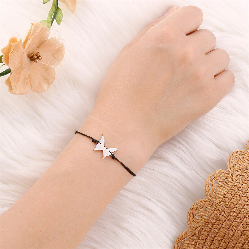 Fashion Stainless Steel Butterfly Heart Bracelet Adjustable Braided Rope Couple Sister Bracelets For Women Charm Jewelry
