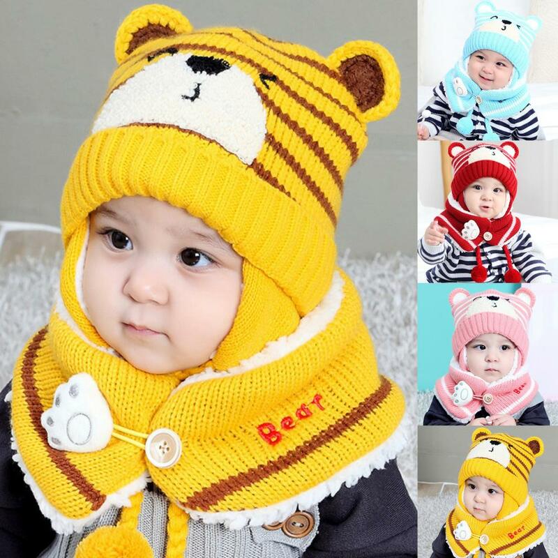 Шапка-Медведь теплая унисекс детская зимняя мультяшная полосатая вязаная шапка шарф наушники набор