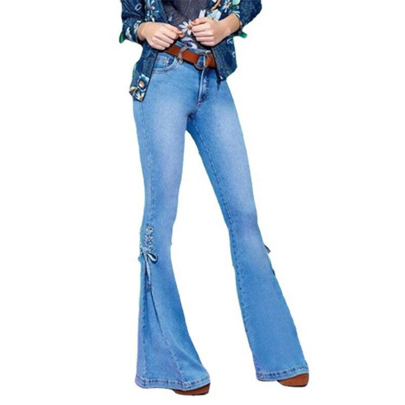 Брюки-клеш Женские Эластичные со средней талией, пикантные облегающие джинсовые брюки-скинни с широкими штанинами, с карманами, в Корейском стиле