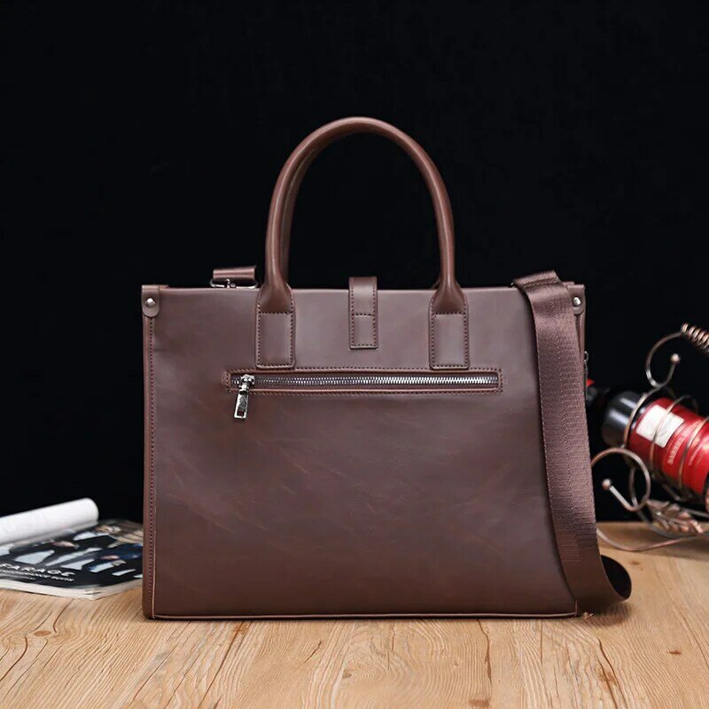 Business PU Leather Men's Handbag Fashion Gray Briefcase For Document Man Laptop Tote Bag Office Male Shoulder Messenger