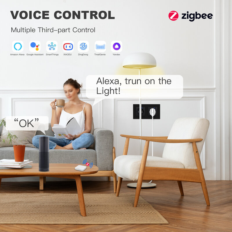 EU,zigbee,スイッチ,ガラスフレーム,二重スマートコンセント,Google Home,alexa,スマートライフ,音声制御を備えた壁コンセント