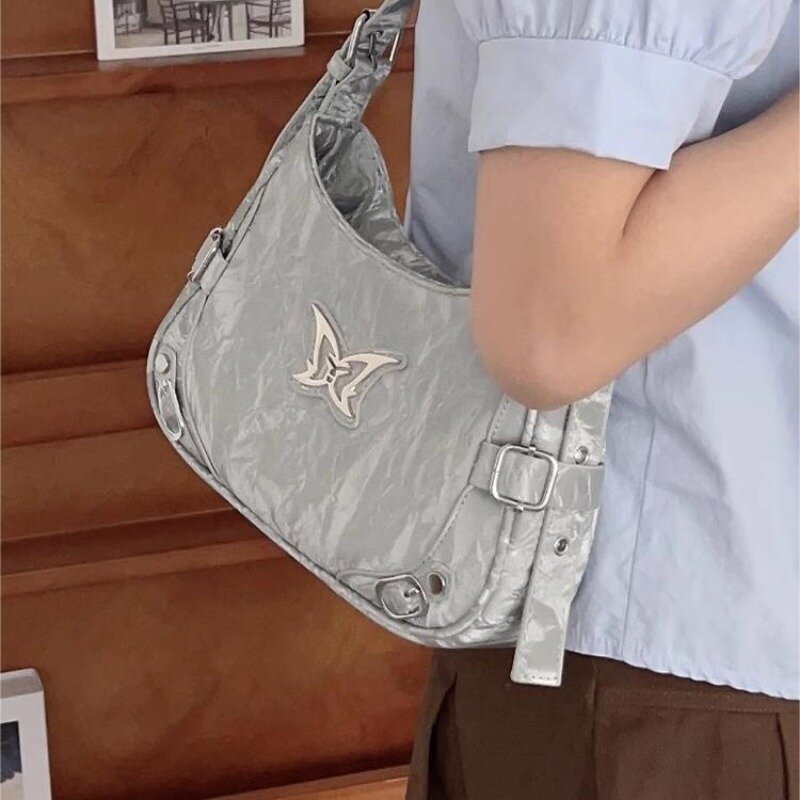 Xiuya 실버 Y2k 여성용 캐주얼 숄더백, 미적 문학 한국 스타일 패션 핸드백, 여름 나비 가죽 겨드랑이 가방