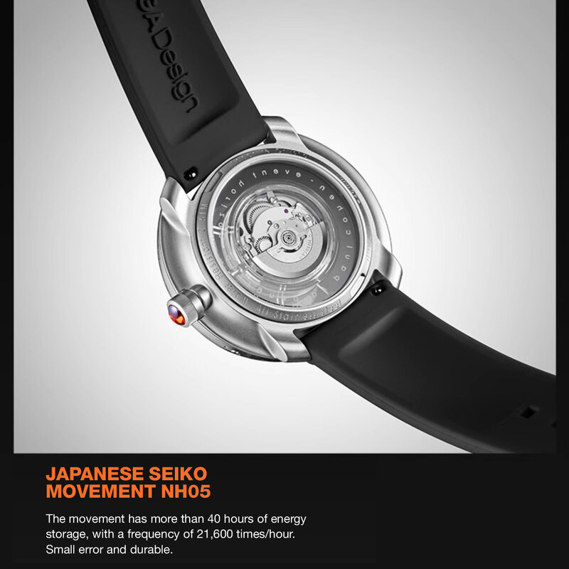 Jam tangan pria desain CIGA, jam tangan mekanik otomatis seri U lubang hitam 316L baja antikarat tali Flurorubber jam tangan hitam transparan