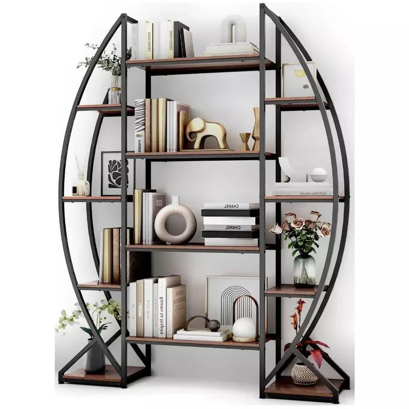 Oval Bookshelf 5 Tier Industrial Bookcases,  Farmhouse Wood and Metal Display Shelves for Living Room Furniture