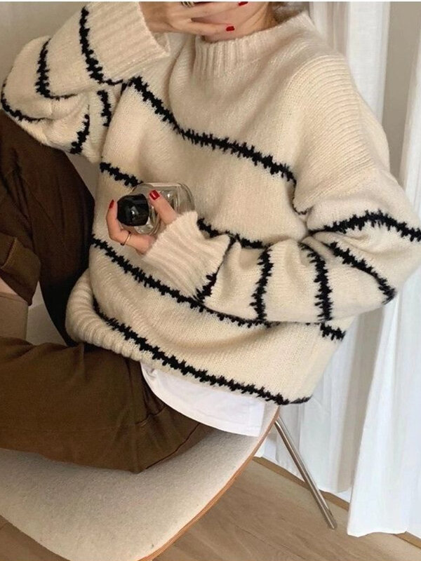 Deeptown Korean Fashion Striped Knitted Sweater Women Harajuku Retro Oversized Pullover Lazy Loose Casual Jumper Y2K Tops Winter