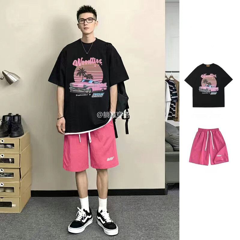 2024 neue Sommer druck rosa reine Baumwolle Kurzarm T-Shirts Shorts Anzug passen lose Tops Mann im Freien lässig Sonnenschein Junge T-Shirt