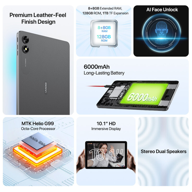 Tablette UMIDIGI-G3 Tab Ultra Android 13, MTK Helio G99, 8 + 128G, 6000mAh, 10.1 "HD Immersive Display, AI Face Unlock Tablet
