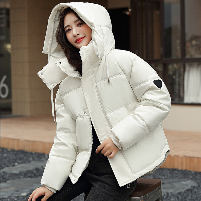 Jaket mengembang bertudung wanita, mantel Parka lengan panjang tebal hangat hitam putih salju kasual bersaku untuk musim dingin
