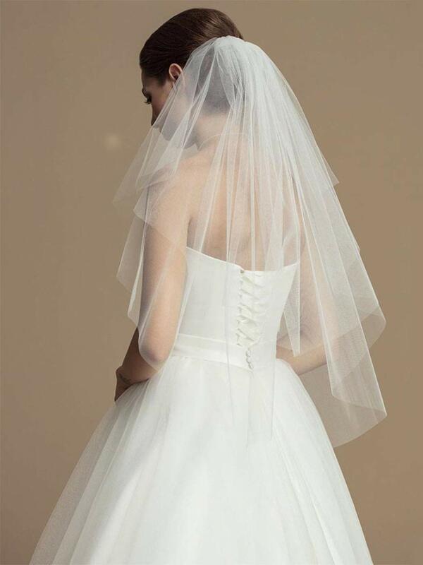 Tudung pernikahan 2 tingkat, kain Tule pengantin dengan sisir dan tepi potong (putih)