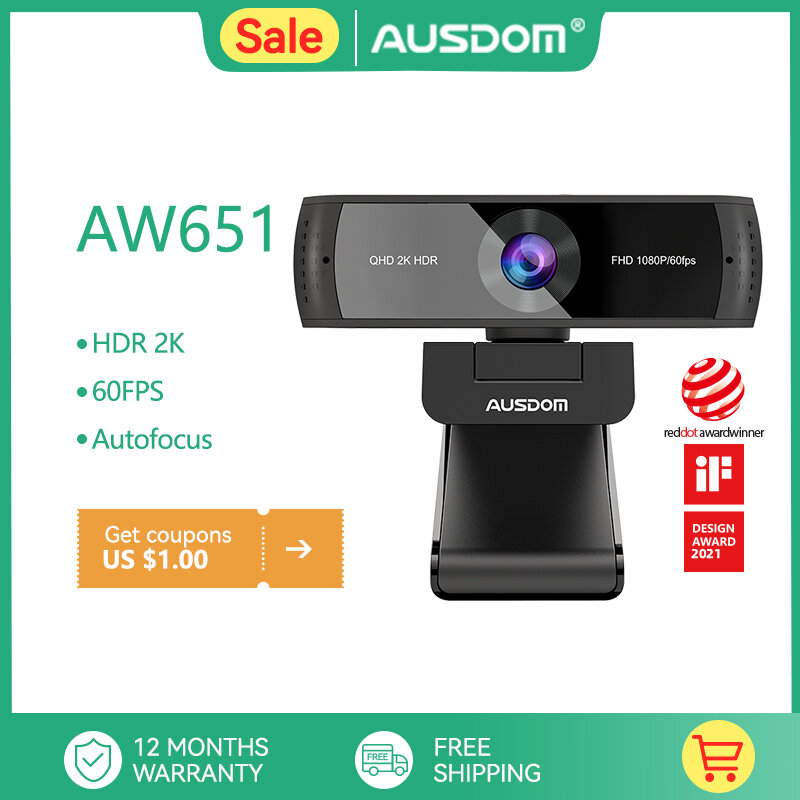 Ausdom aw651 qhd 2k hdr 30fps webcam autofocus 1080p 60fps câmera web com microfones de cancelamento de ruído e cobertura de privacidade livre para ao vivo