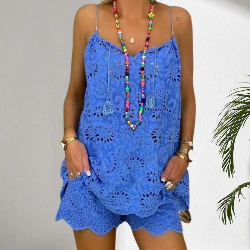 Women Drawstring Tassel Casual Outfit Lining Embroidery Flower Pattern Hollow Out Lace Trim Sling Vest Top Wide Leg Shorts Set