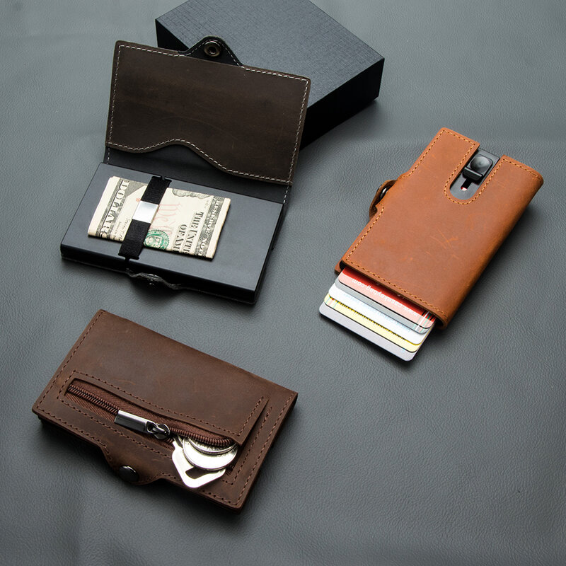Męskie portfele prawdziwa krowia Leahter wyskakują wizytownik RFID blokujący smukłe inteligentne portfel z włókna węglowego z kieszenią