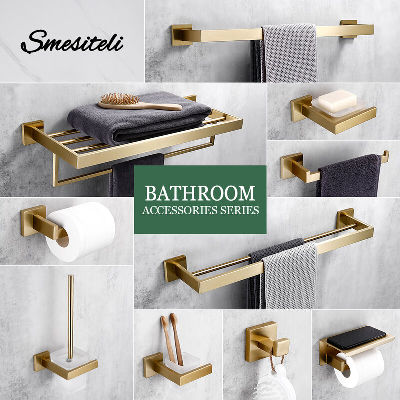 Matte Gold Towel Rack 304 stainless steel Towel Bar Double Towel Shelf Paper Holder Tissue Holder Toilet Brush Holder