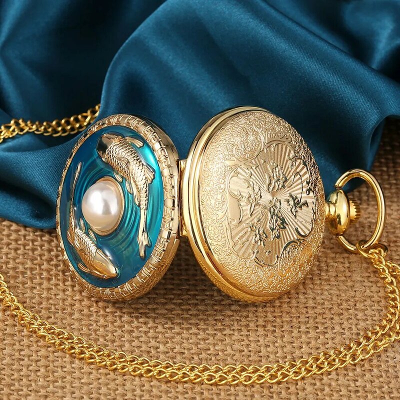 Stile classico vivido pesca intaglio Design orologio da tasca perla rilievo quarzo ciondolo catena orologio regalo di moda Reloj De Bolsillo