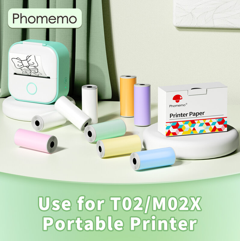 Phommemo T02/M02X rotolo di carta adesiva termica colorata carattere nero autoadesivo su verde menta/viola/arancione, 50mm x 3.5m