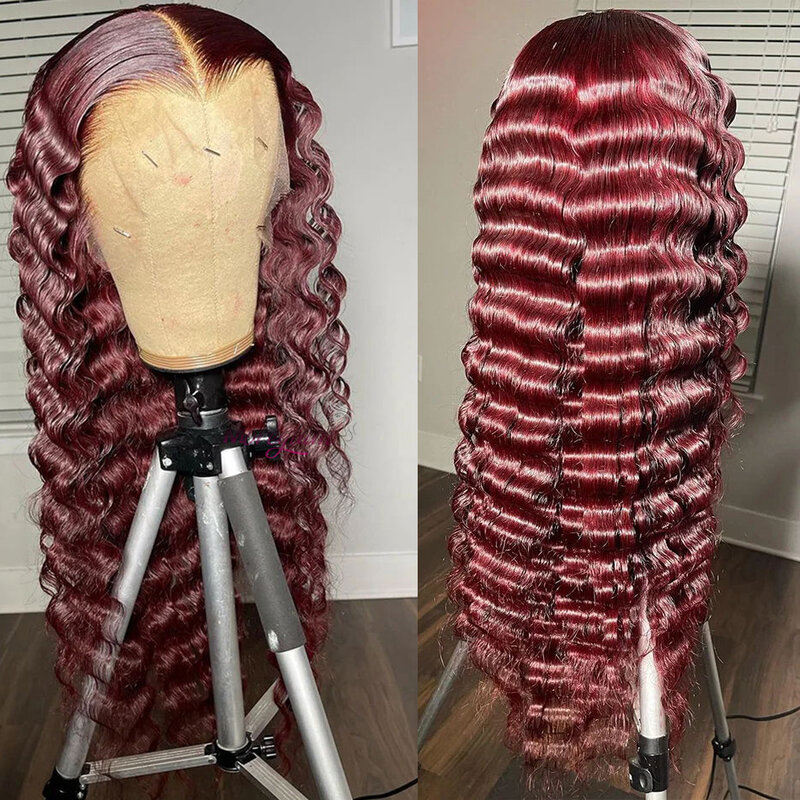 Perruque Lace Front Wig Naturelle Bouclée, Cheveux Humains, Couleur Rouge Bordeaux 99J, 13x4, 13x6, Transparent HD