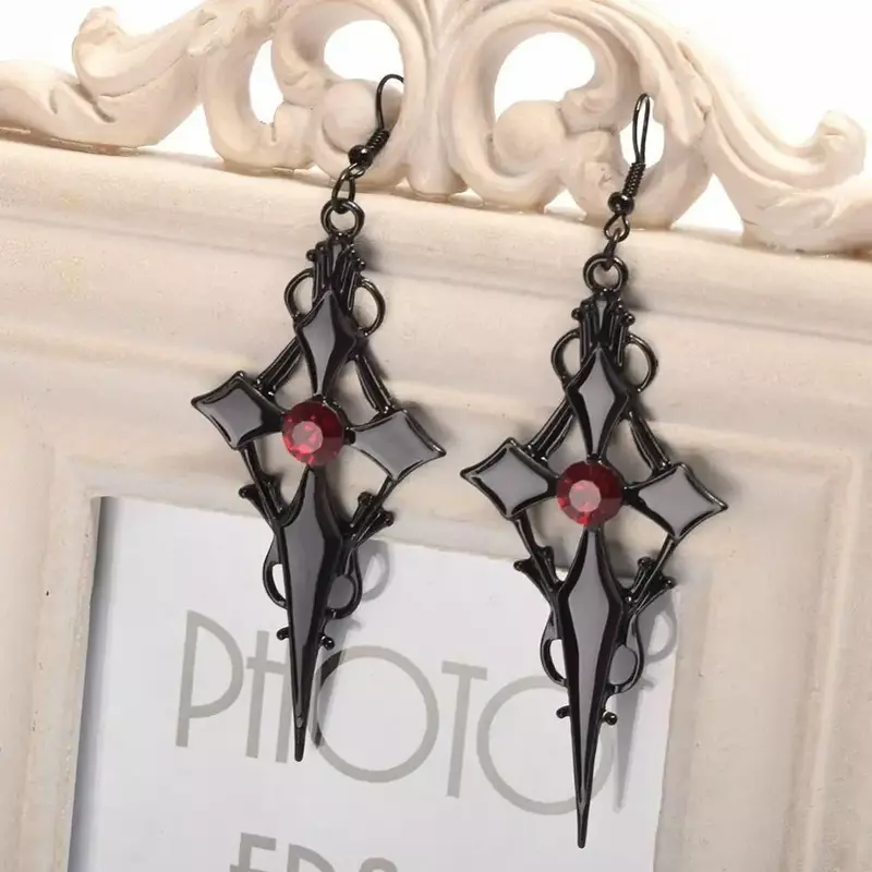 Women Gothic Earrings Punk Style Cross Pattern Metal Red Rhinestone Ear Pendant Free Shipping