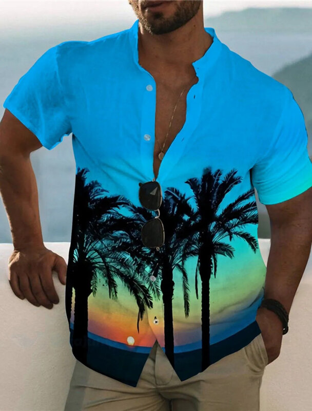 قمصان هاواي للرجال من شجرة جوز الهند ، قمصان شجرة النخيل ، أكمام قصيرة ، زر لأسفل ، شارع ، خارجي ، هاراجاو ، ملابس صيفية