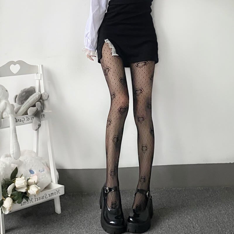 Love Flower Mesh Kawaii Japanese Girls Lolita Ins Stockings Cute White Pantyhose Spring Summer Ultra-thin Transparent Hosiery