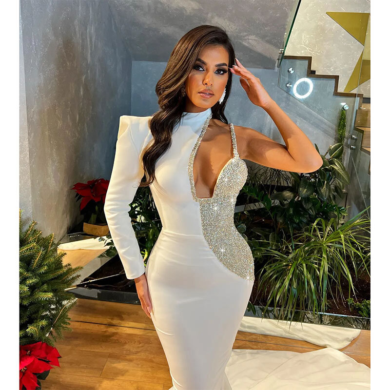 Elegant White Mermaid Evening Dresses One Shoulder Sequins Formal Long Party Prom Dress Pleats Dresses for Special Occasion