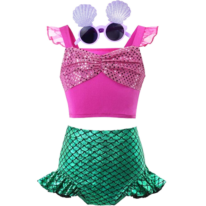 Maiô sereia Disney para meninas, estilo princesa, biquíni de praia, roupas de banho infantis, fantasia do mar, óculos, roupa de banho para criança