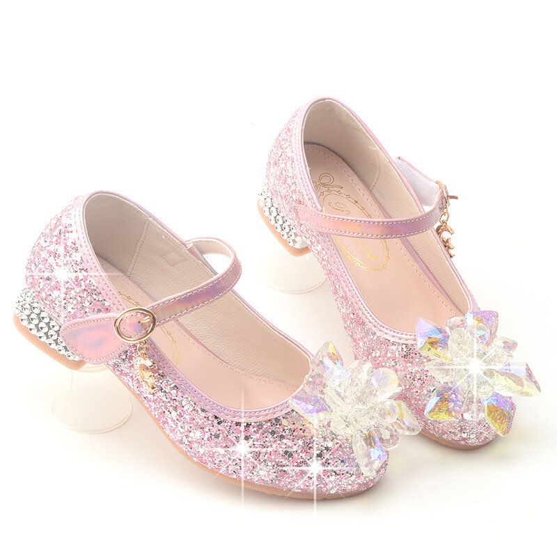 2023 Nova Princesa Crianças Sapatos De Couro Grande Diamante Flor Glitter Crianças Salto Alto Meninas Dance Party Student Performance Shoes