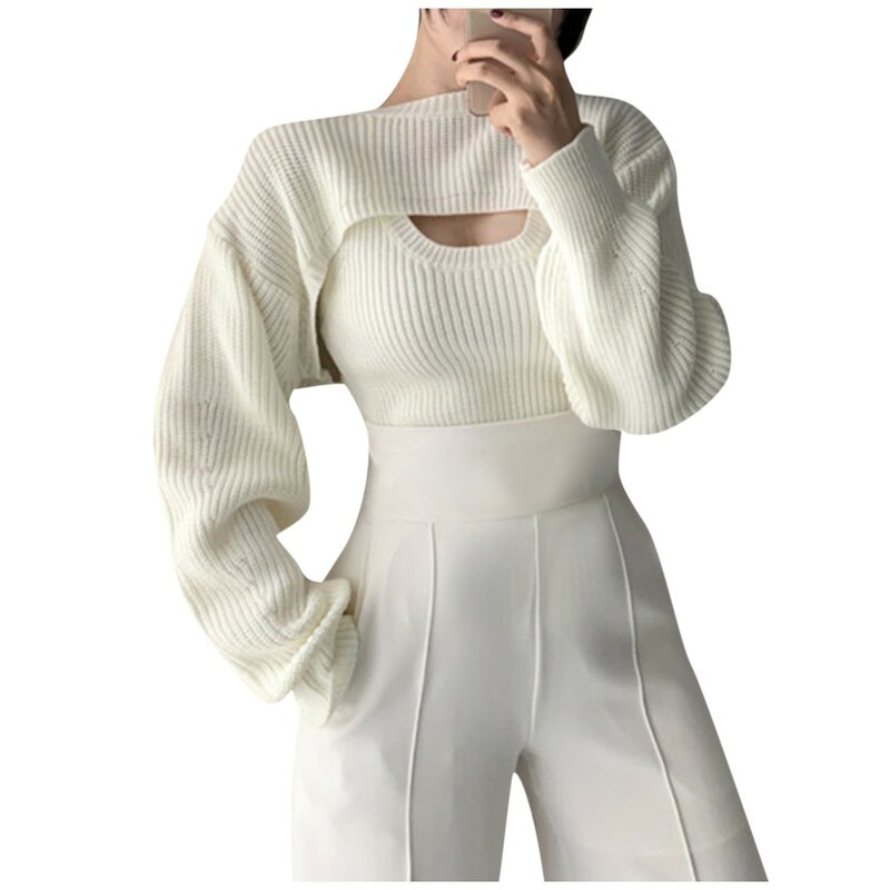 Frauen stricken kurze Pullover Tops lässig solide klebrige Langarm Weste gestrickt Top Cover bis zweiteiliges Set für Frauen Pullover