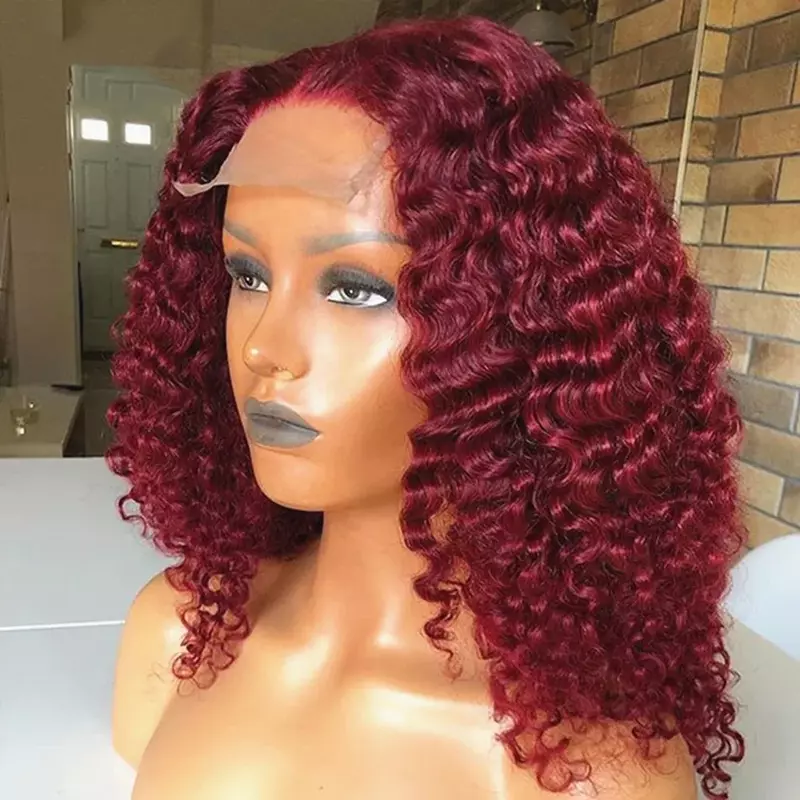 99J Burgundy Red Short Curly Bob Wig 13x4 Lace Frontal Wigs With Baby Hair For Women Brazilian Human Hair Transparent Lace Wigs