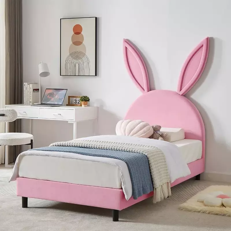 Children's twin bed frame, supported by 12 wooden slats, no boxing springs required, with padded headboard, princess bed