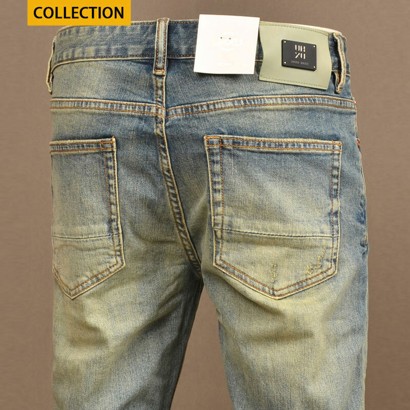 Moda moda moda męska Jeans Retro sprany niebieski elastyczna rozciągliwe dopasowanie pasuje porwane jeansy mężczyzn wysokiej jakości Vintage spodnie dżinsowe Hombre