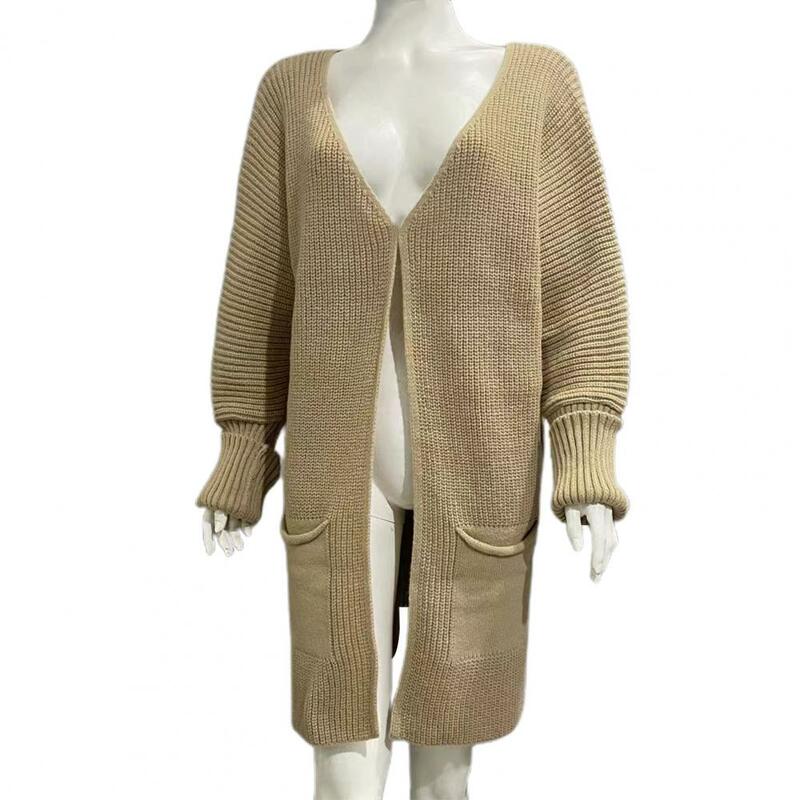 Chaqueta suave de Invierno para mujer, abrigo de suéter de punto grueso, resistente, longitud media con bolsillos, capas para estar en casa