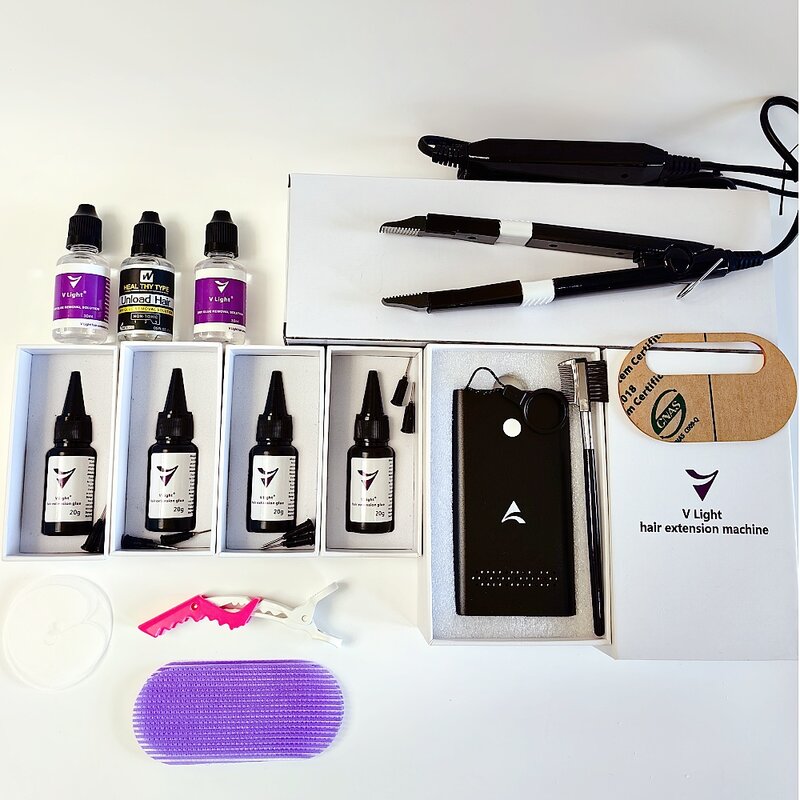 V-Light Technology-Ensemble d'extension de cheveux avec colle v-light, outil sans lueur pour extension de cheveux à ruban, outil de greffage rapide, fourni