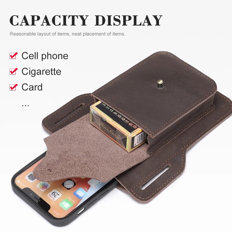 Genuine Leather Men Waist Bag For Phone Crazy Horse Leather Hook Bag Waist Belt Pack Cigarette Case Small Man Phone Pouch