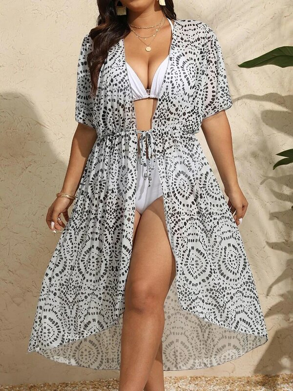 GIBSIE Plus Size stampa a pois Beach Cover Up donna 2024 Summer Tie Front Swimwear Beach Wear Kimono Long Sun Protection